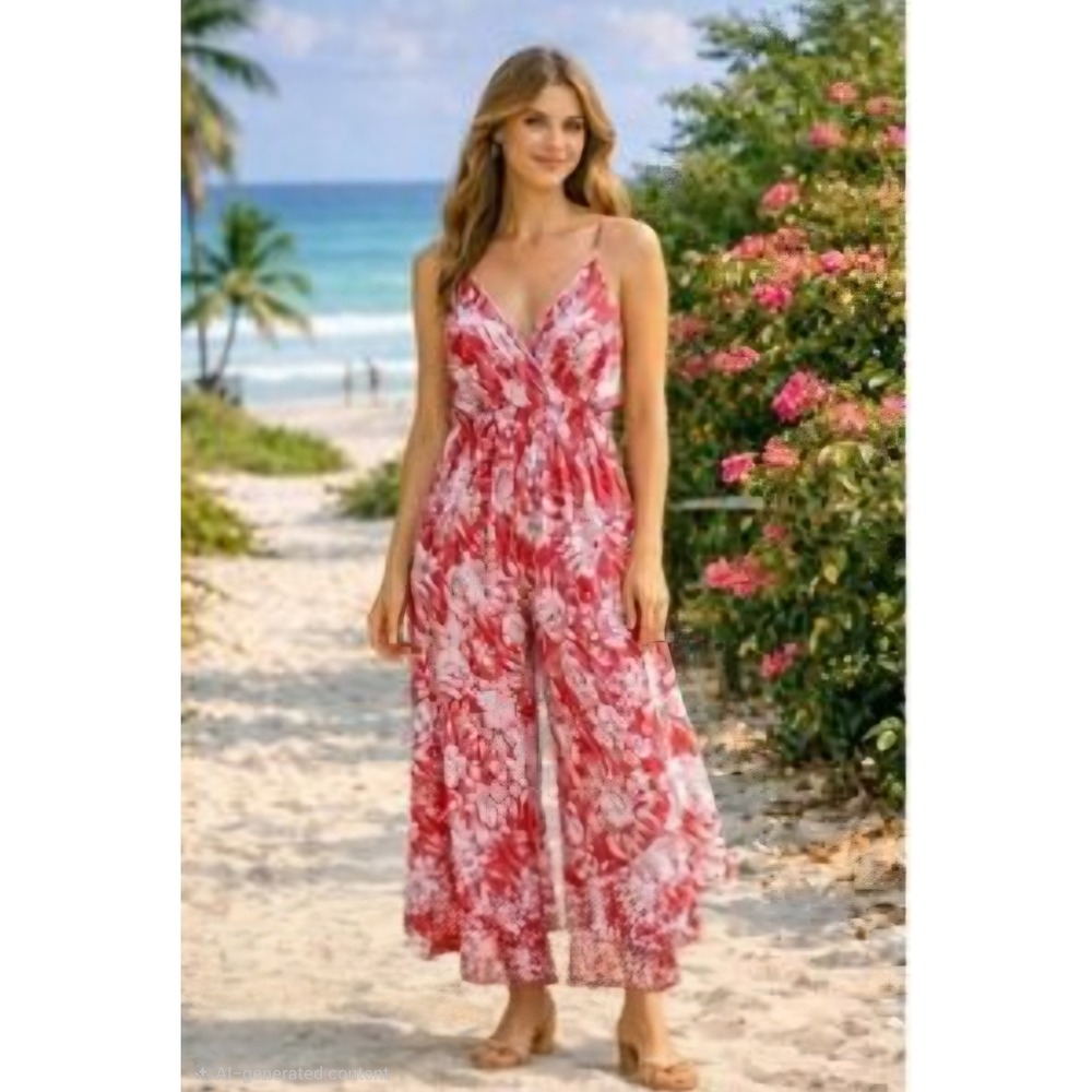 Angie Jumpsuit Bohemian Festival Floral Paisley Wide Leg Ruffle Hem Red Women L